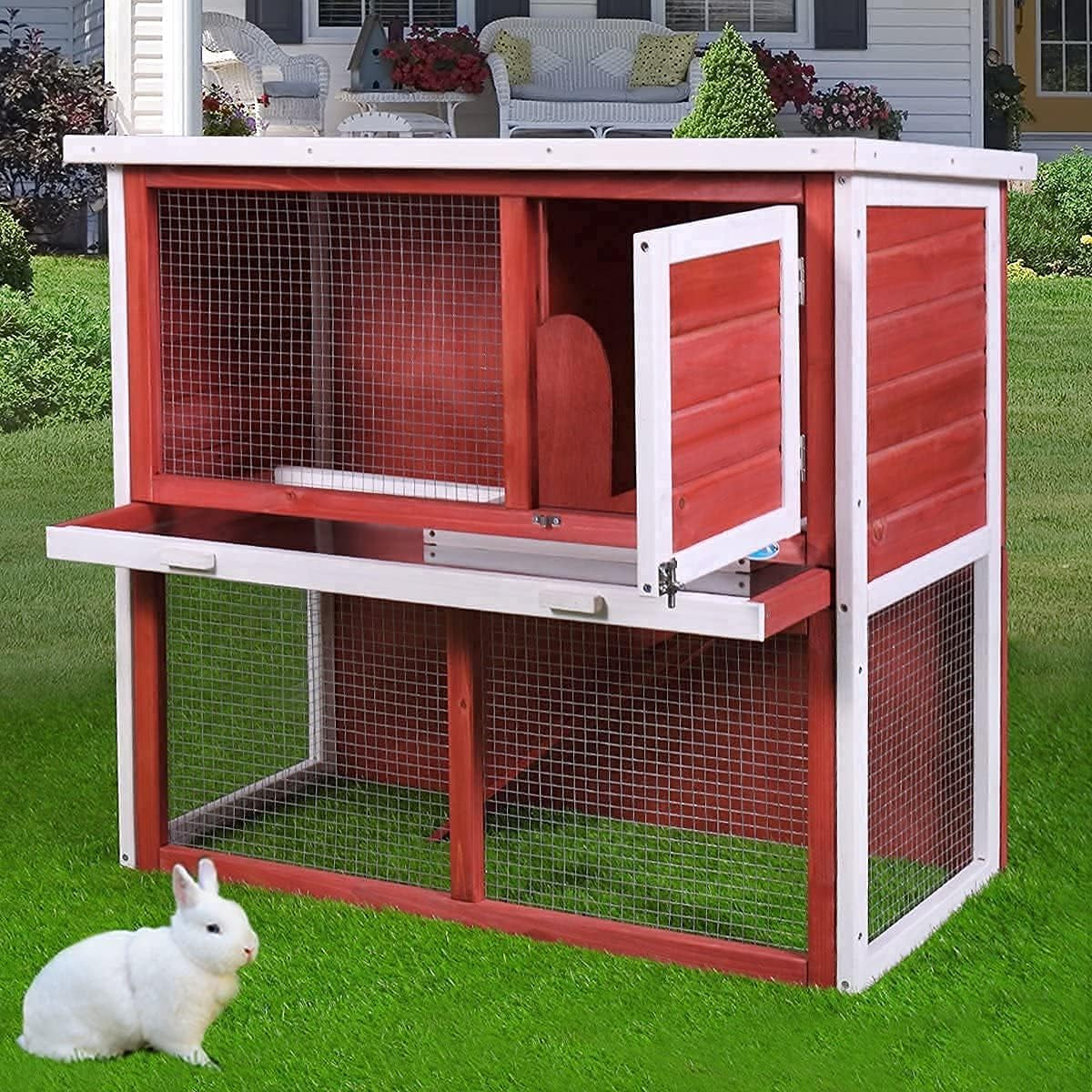 Deluxe 2-Story Rabbit Hutch with Waterproof Roof - Perfect Indoor/Outdoor Cage for Bunnies, Guinea Pigs, and Chickens