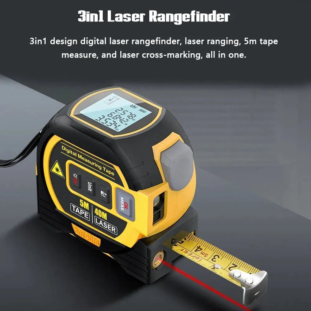 Revolutionary 3-in-1 Laser Tape Measure: High Precision Digital Rangefinder with Steel Tape and Cross-Marking Functionality