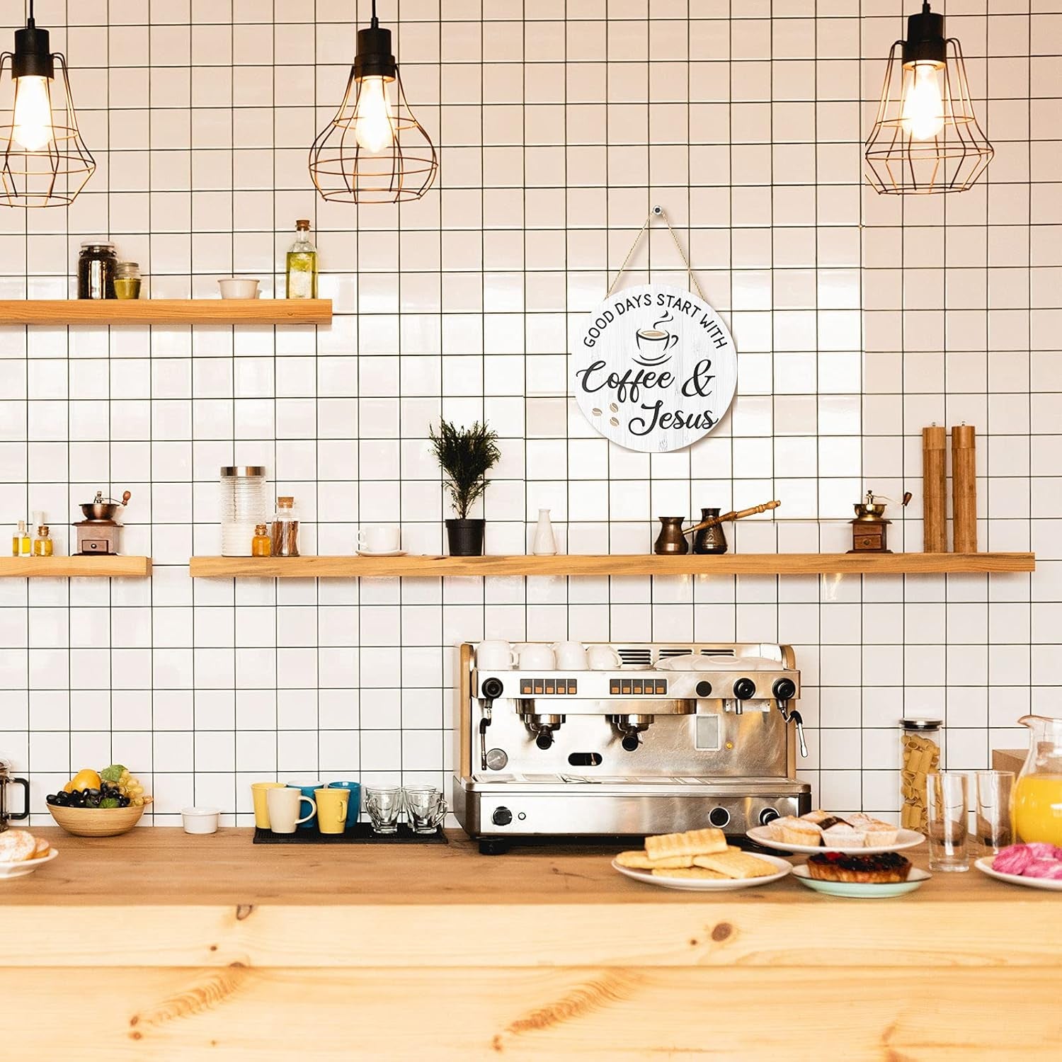 Inspirational Coffee Bar Decor - "Good Days Start with Jesus" Sign for Cafe, 12" x 12"