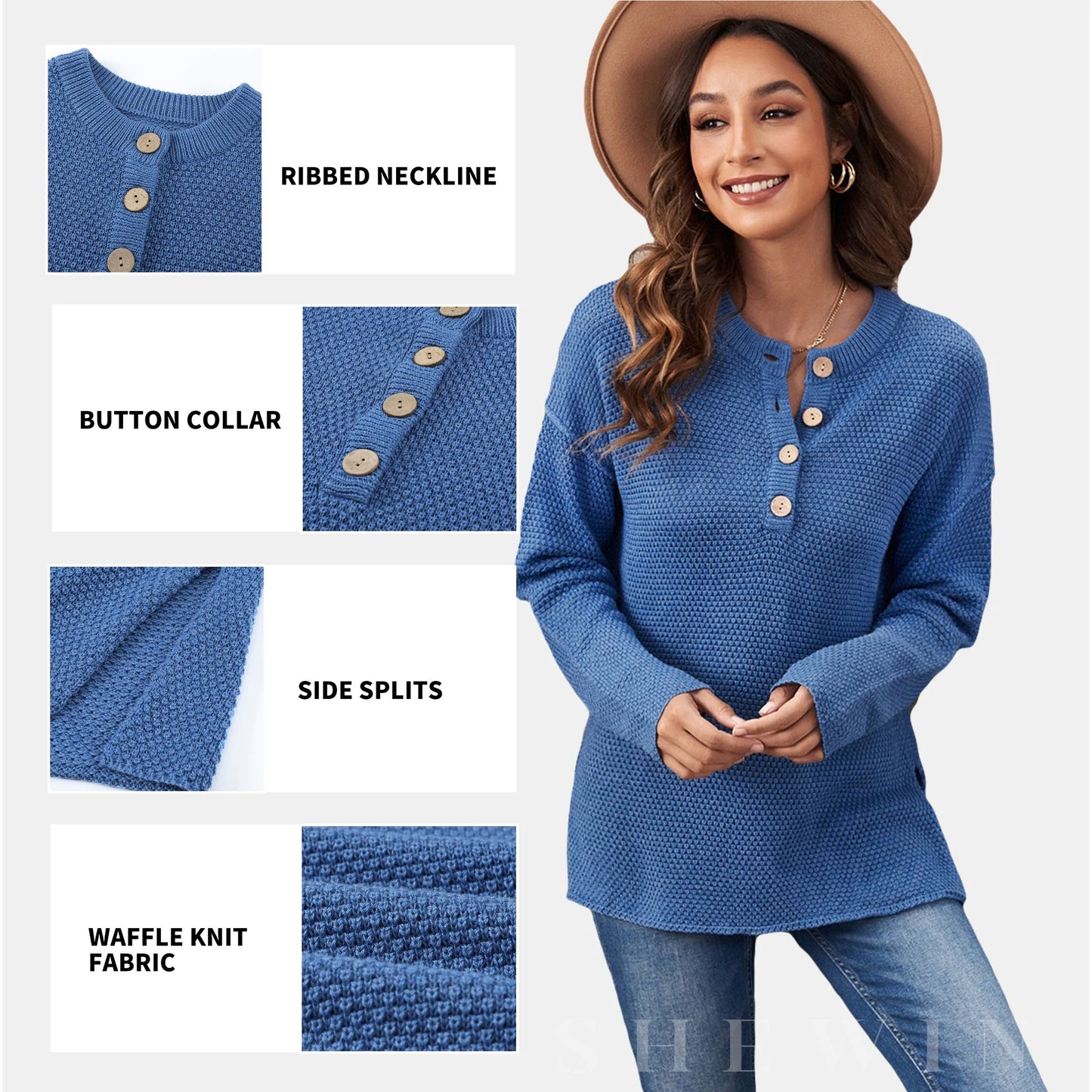 Elevate Your Autumn Wardrobe with Our Stylish Women’s Solid Blue Waffle Knit Pullover Sweater - Perfect for Layering!