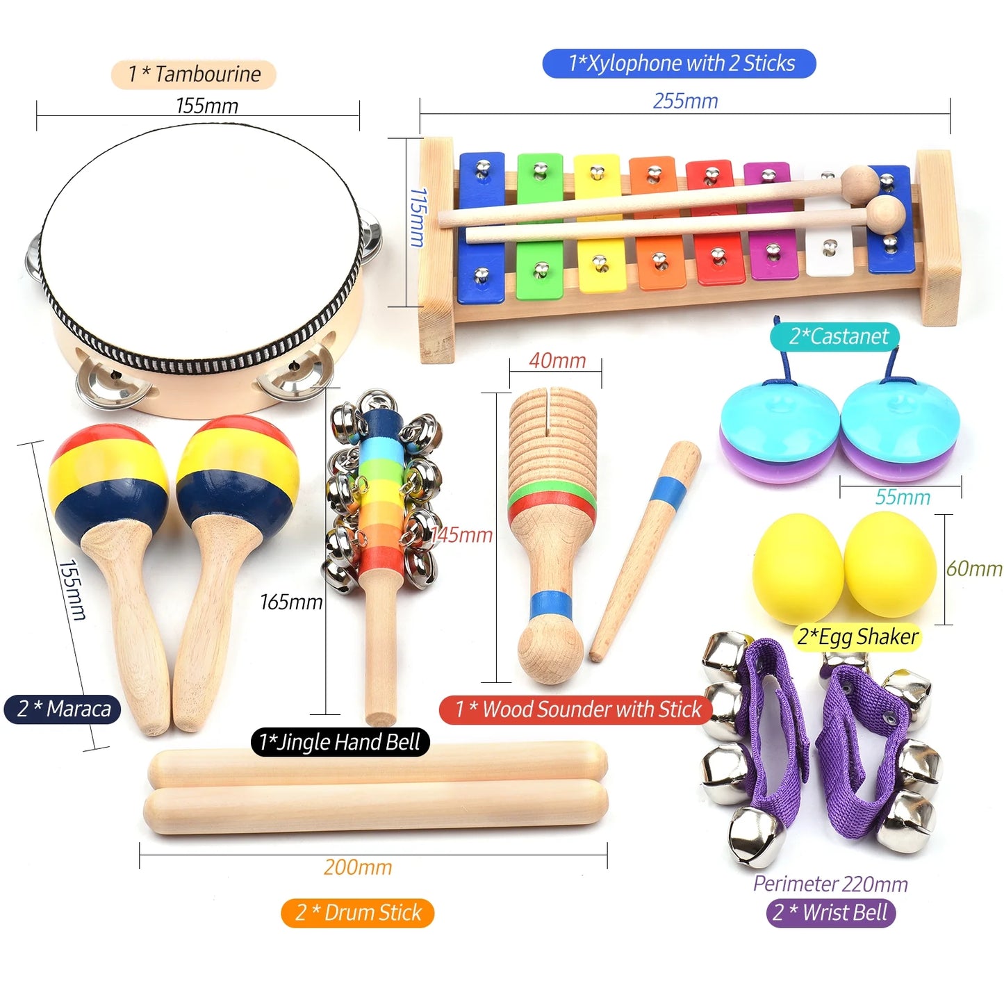 13 PCS Kids Musical Instruments Toys with Carry Bag Colorful Wooden Percussion Instruments Early Education Gifts for Toddlers Children Preschool Girls Boys
