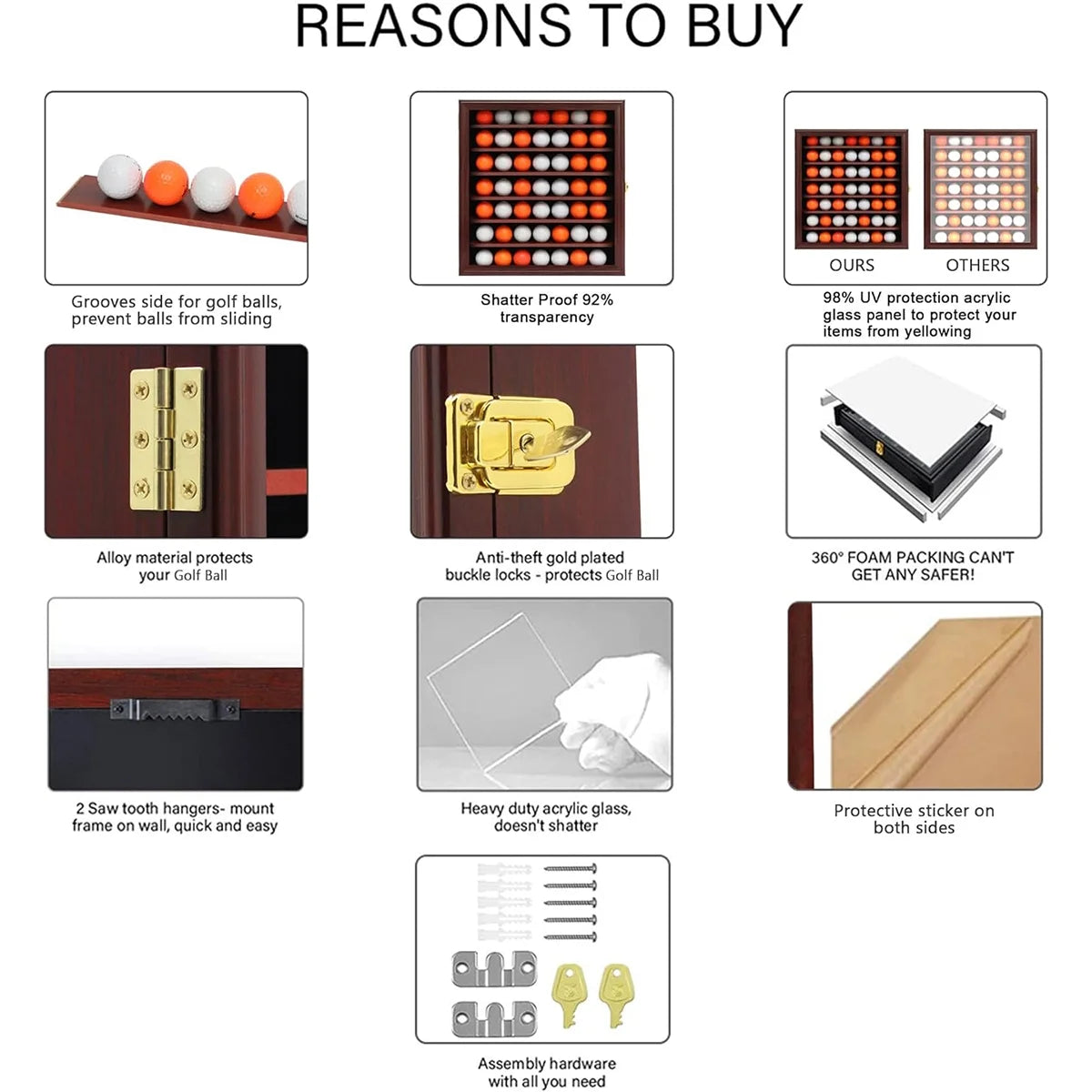 49 Golf Ball Display Case Cabinet Wall-Golf Ball Display Rack ,Golf Gift for Golf Enthusiast Collectibles with 98% UV Protection Acrylic Door, Red