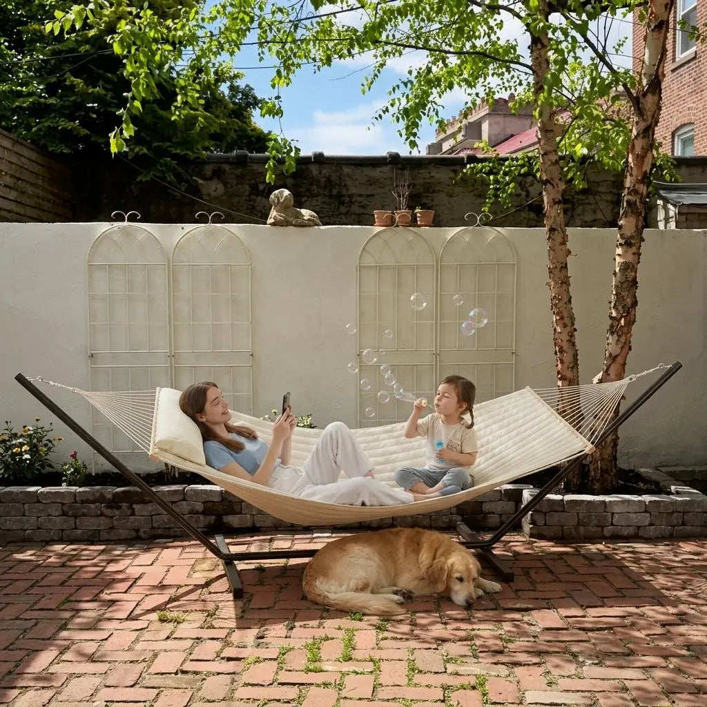 Experience Ultimate Relaxation with Our Heavy-Duty Portable Double Hammock for Two – Complete with Pillow & Adjustable Steel Stand, 475 Lbs Capacity – Perfect for Outdoor Patios, Gardens, Beaches, and Backyards this Summer!