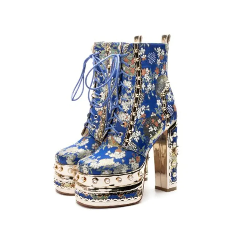 Fleur de Luxe - Platform Ankle Boots with Floral Pattern