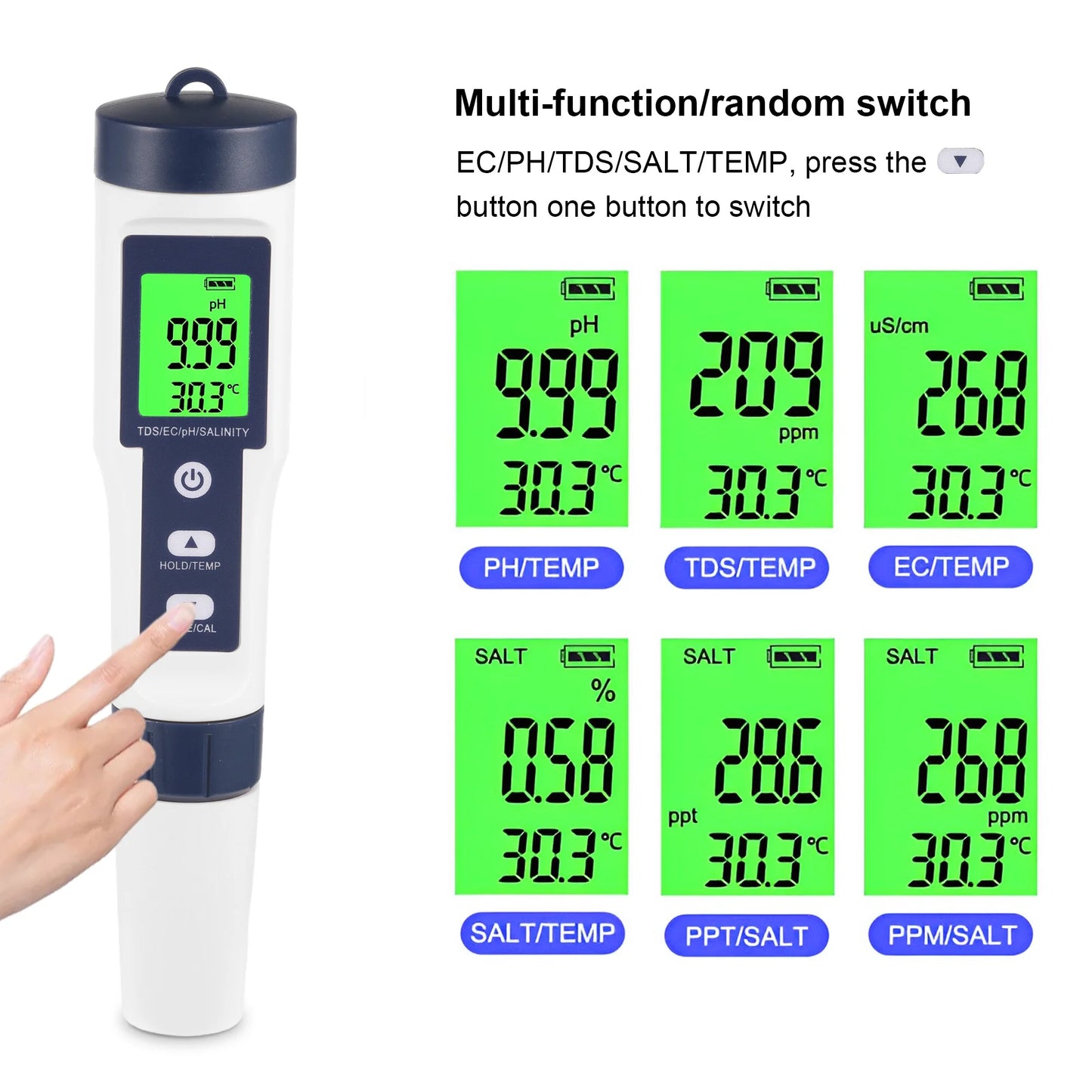 Pool Salt Tester & PH Meter Waterproof, ABS White, 8.19" X 3.12" X 1.95"