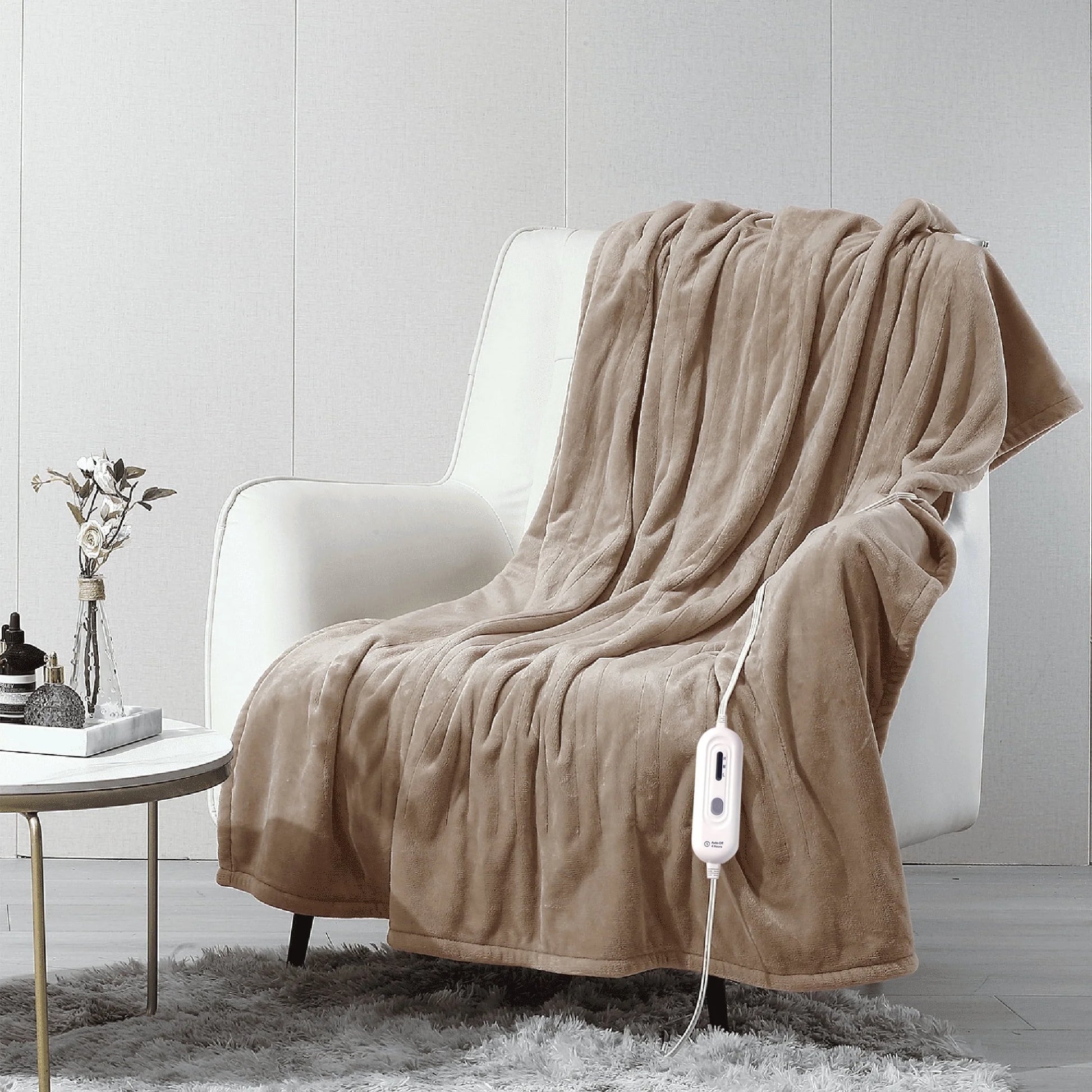 Heated Blanket Throw，50"X60"Double Flannel Heating Blanket for Home Office, Electric Blanket 4 Hours Auto-Off & Over-Heat Protection,Camel