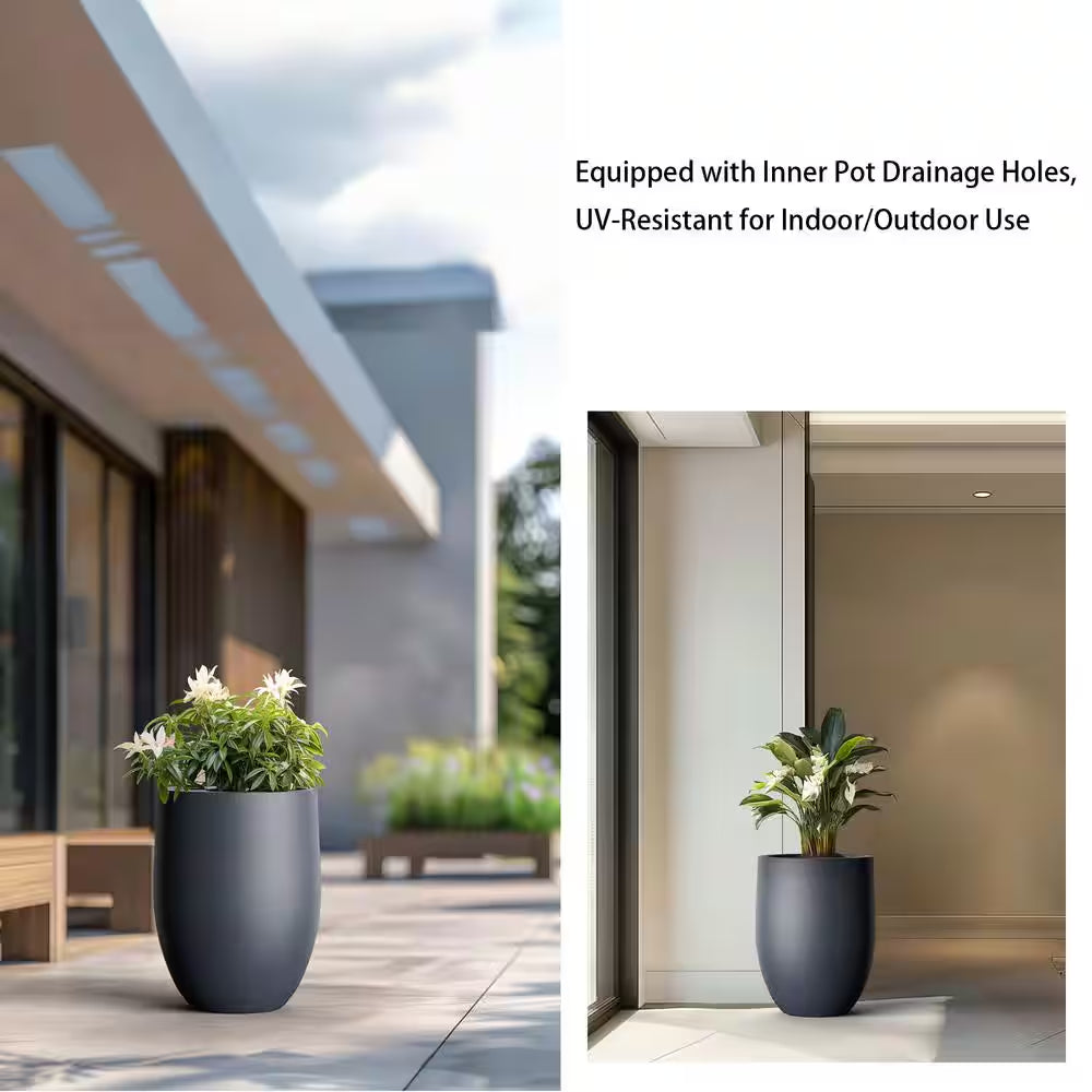 22"H Concrete Garden Flower Pots, Modern round Lightweight Planters with Drainage Hole for Outdoor/Indoor, Charcoal