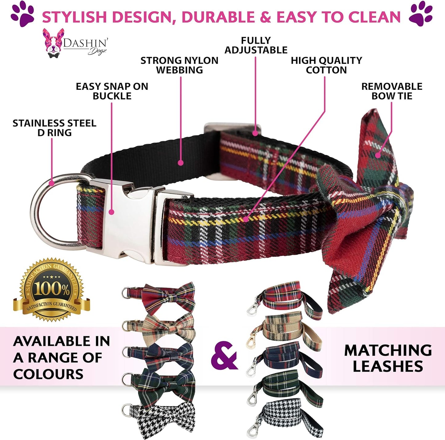 Scottish Tartan Bowtie Dog Collar & Leash Set with Detachable Bow Tie for Girl or Boy Dogs Comfortable Plaid Pattern, Fully Adjustable, Great Pet Gift (XS, Beige)