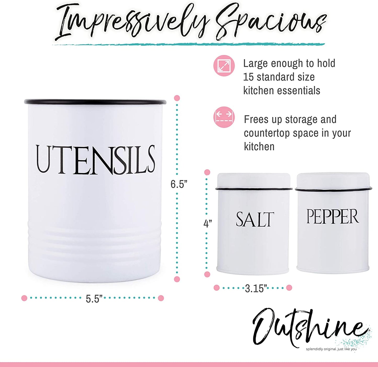 Elevate Your Kitchen Style with This Large White Utensil Holder and Matching Salt & Pepper Shakers - Perfect Farmhouse Decor and Practical Storage Solution for Gifts!