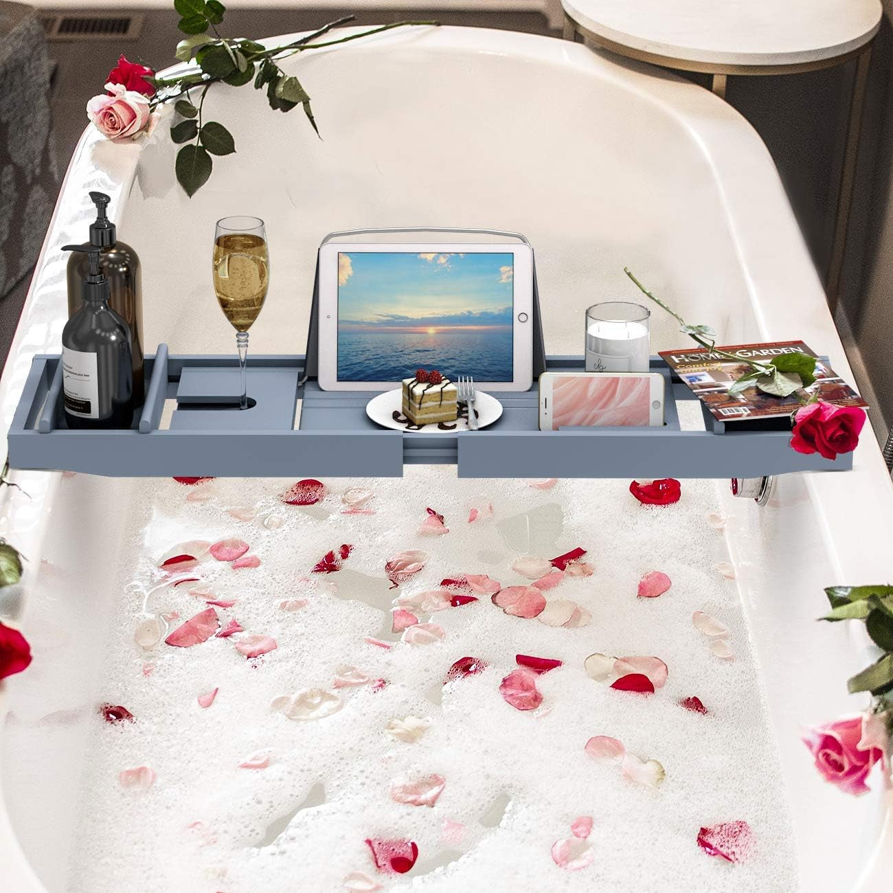 Bathtub Caddy Tray Expandable Bamboo Tub Tray for Luxury Bath with Book Holder and Free Soap Dish (Gray, 29.4"-44.2"X 9.1"X1.65")