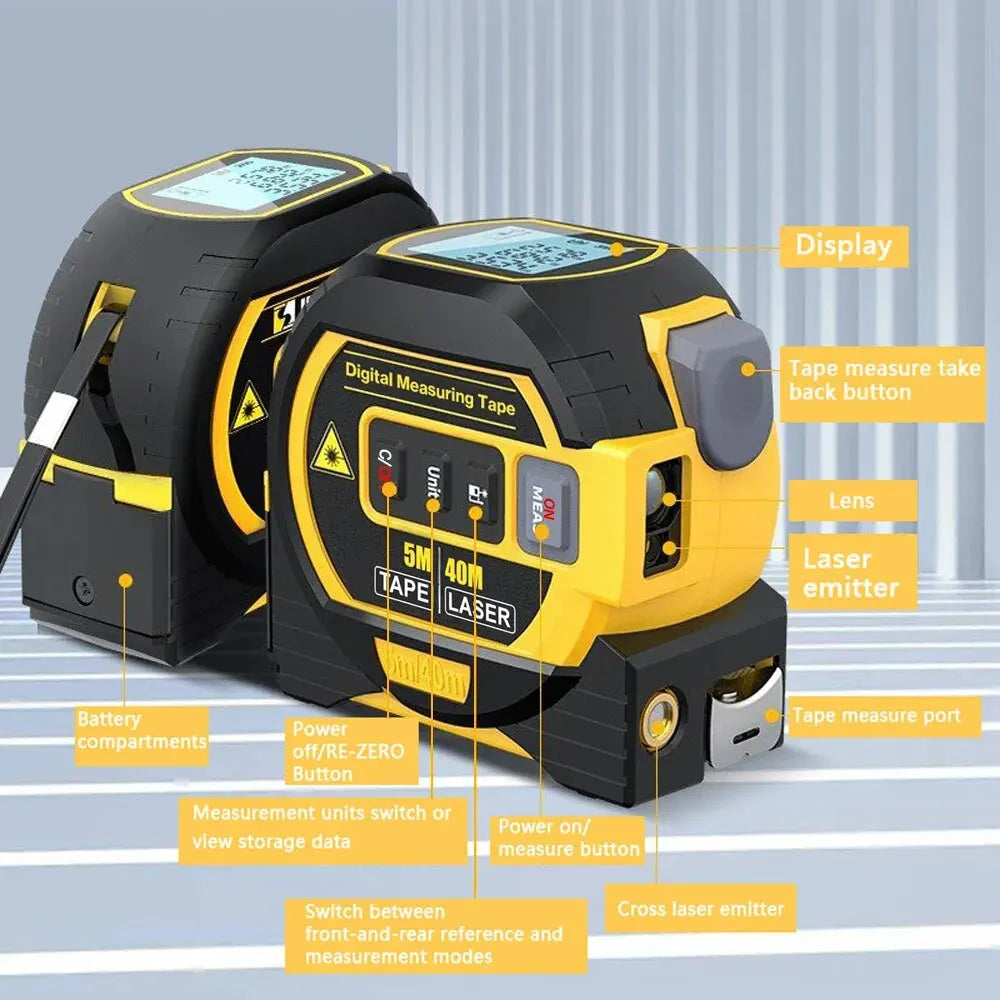 Revolutionary 3-in-1 Laser Tape Measure: High Precision Digital Rangefinder with Steel Tape and Cross-Marking Functionality