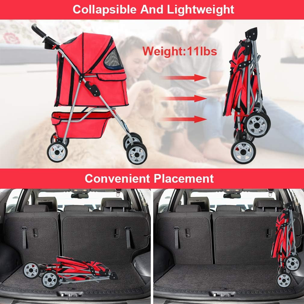 Pet Stroller Cat Dog Cage Stroller Travel Folding Carrier,Red