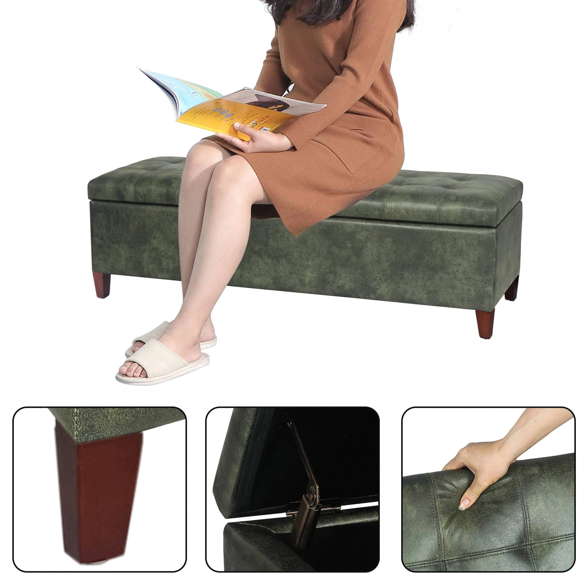 Adeco 50" Bonded Leather Storage Ottoman Bench Dark Green Faux Leather,Bonded Leather Large Americana,Modern & Contemporary Faux Leather