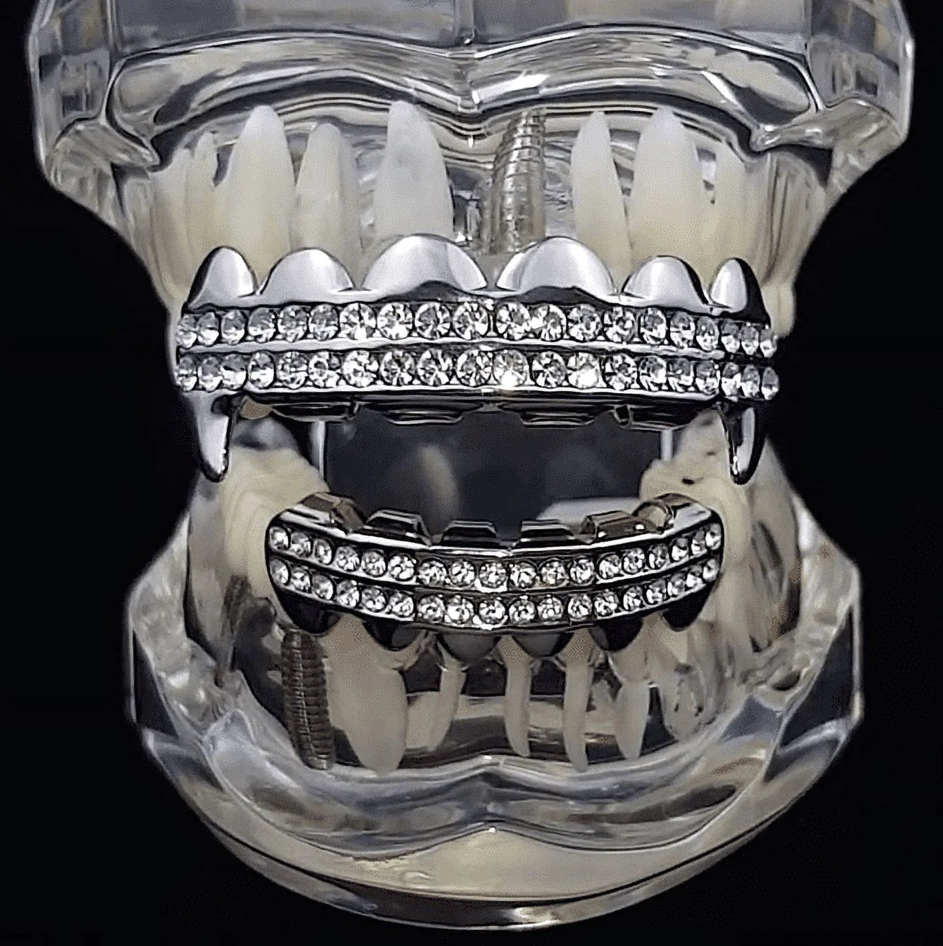 Vampire Fang Grillz Set Two Row Silver Tone Top Fangs & Bottom Teeth Bling Grills