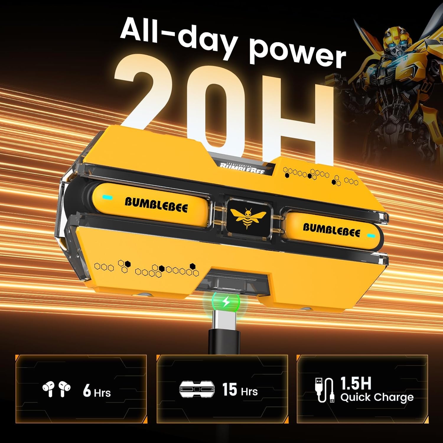 Transform Your Sound Experience with Bumblebee Bluetooth 5.4 Wireless Earbuds | Noise Cancelling, Durable Alloy Case, Perfect for Gaming & Daily Commutes in Striking Yellow