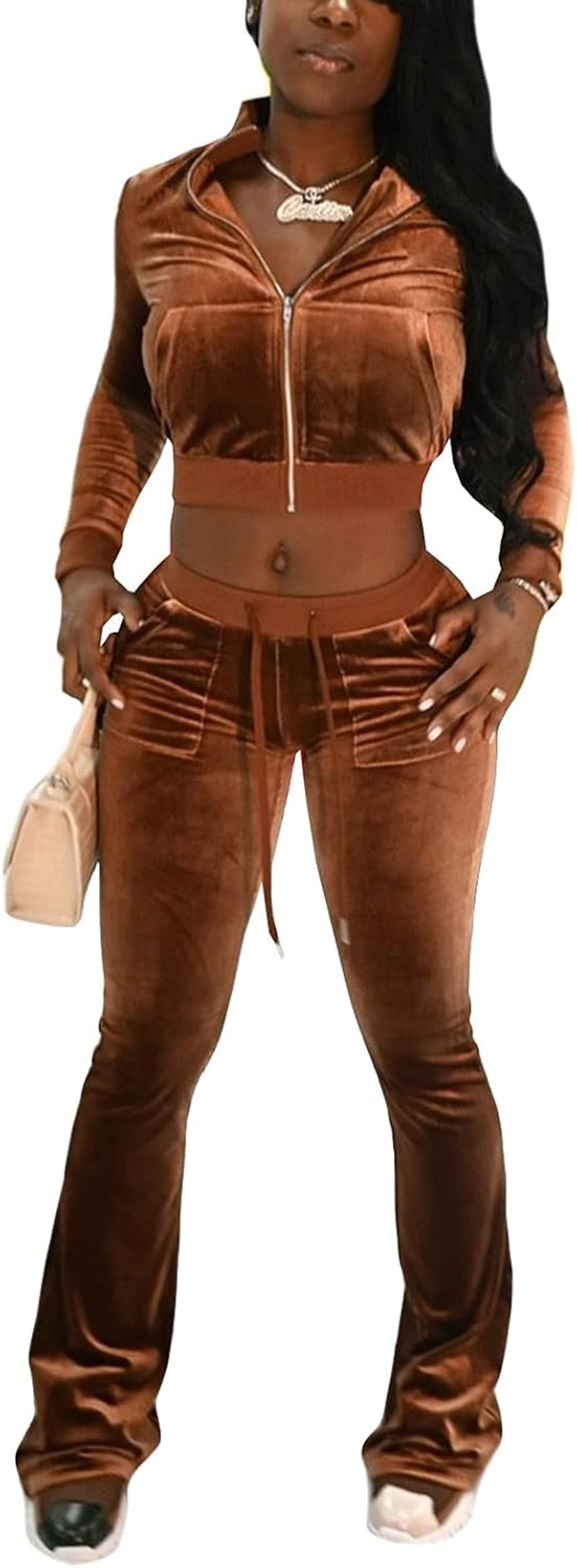 Chic Velvet 2 Piece Set - Stylish Hooded Crop Top and Wide Leg Pants for Women