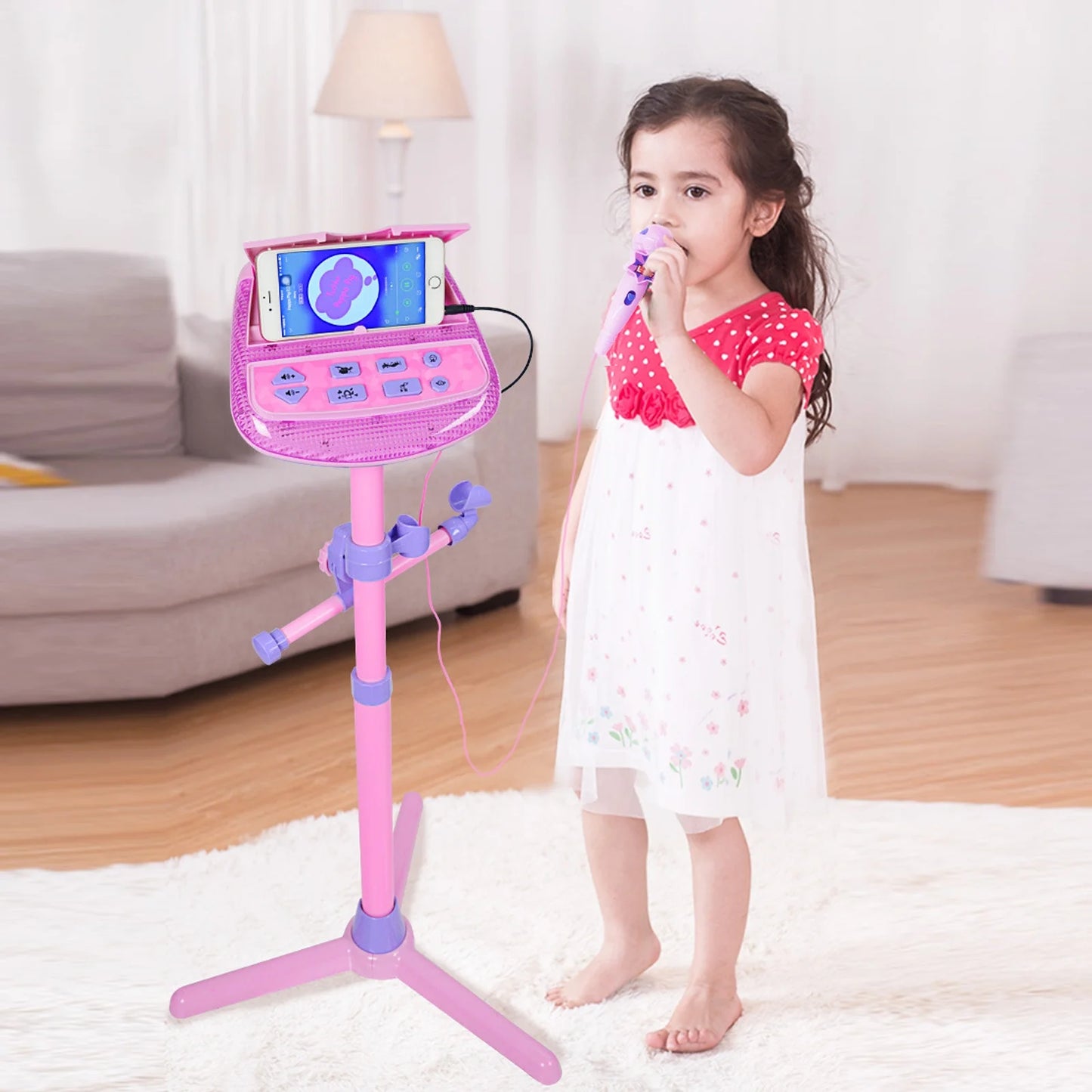 Kids Karaoke Machine Microphone Musical Toys - Girls Pink Singing Karaoke Adjustable Stand Music Instruments Sound & Flashing Lights Toy