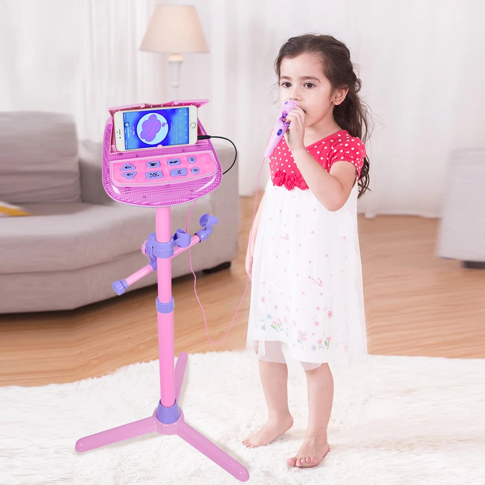 Kids Karaoke Machine Microphone Musical Toys - Girls Pink Singing Karaoke Adjustable Stand Music Instruments Sound & Flashing Lights Toy