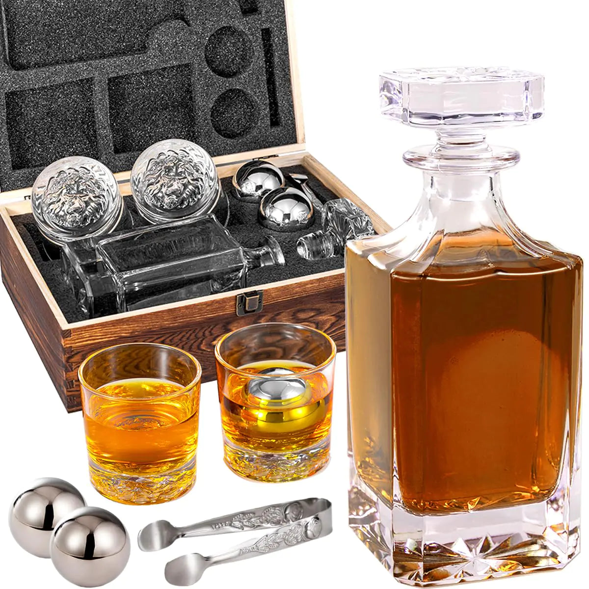 Whiskey Decanter Set with Wooden Box Lion Whiskey Glasses 10 oz and 25 oz Bourbon Decanter Set with 18/10 Stainless Steel Whiskey Stones Tongs Whiskey Gifts for Men Husband Dad Wedding