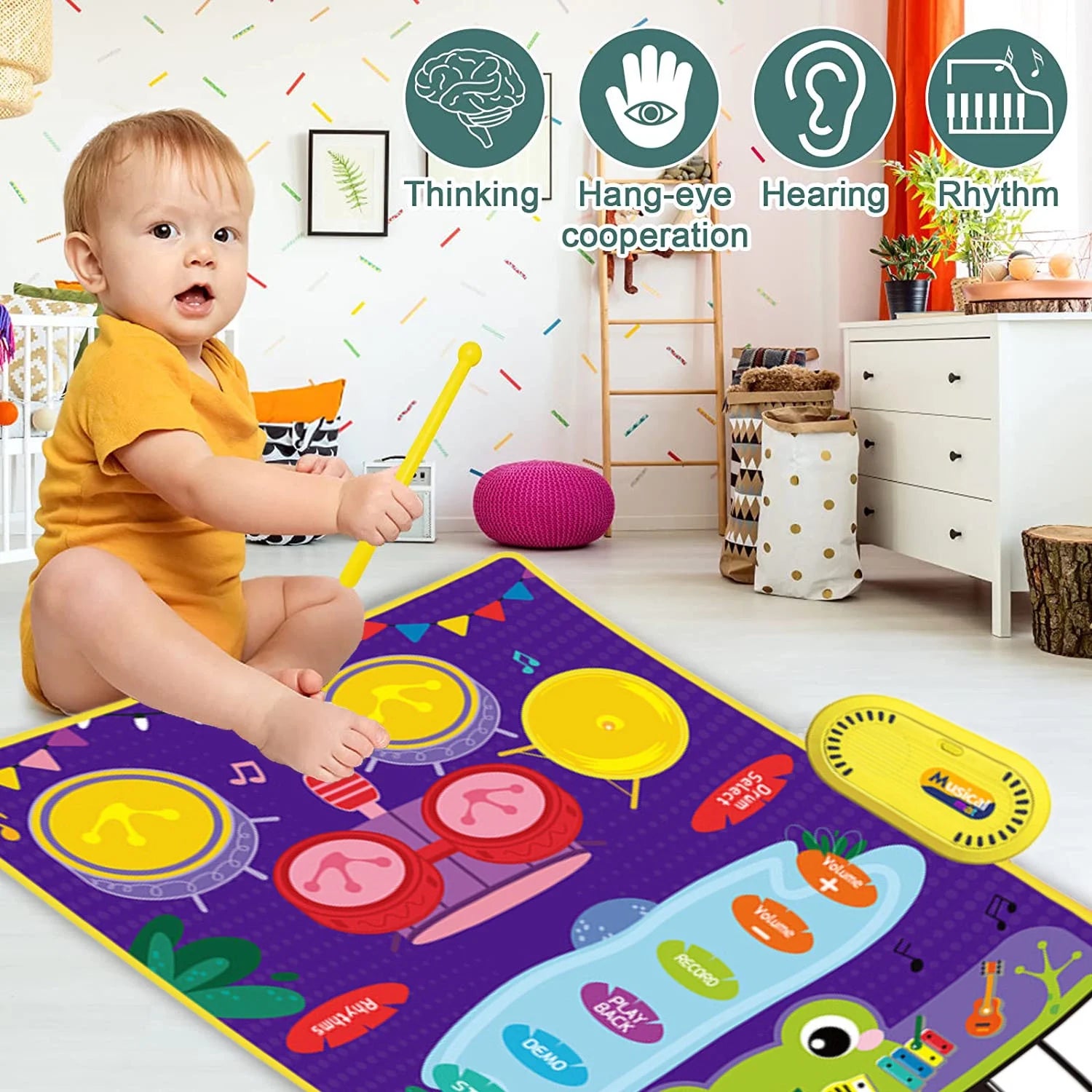 2 in 1 Musical Mat for Toddlers 1-3, Piano Keyboard & Drum Mat, Musical Play Mat Toddler Toys Age 1-2, Baby Learning Toys for 1 Year Old Birthday Gifts for 1 2 3 Year Old Girls