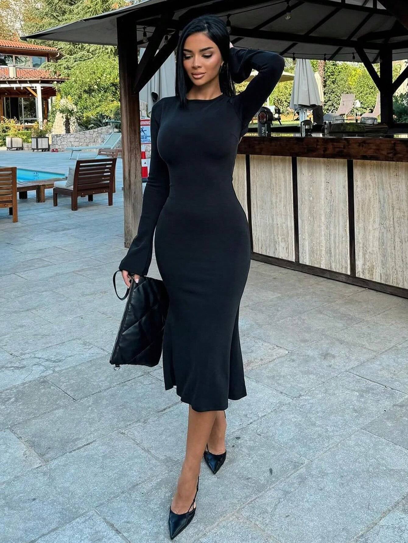 INAWLY SHEIN Ezwear Solid Scoop Neck Bodycon Dress