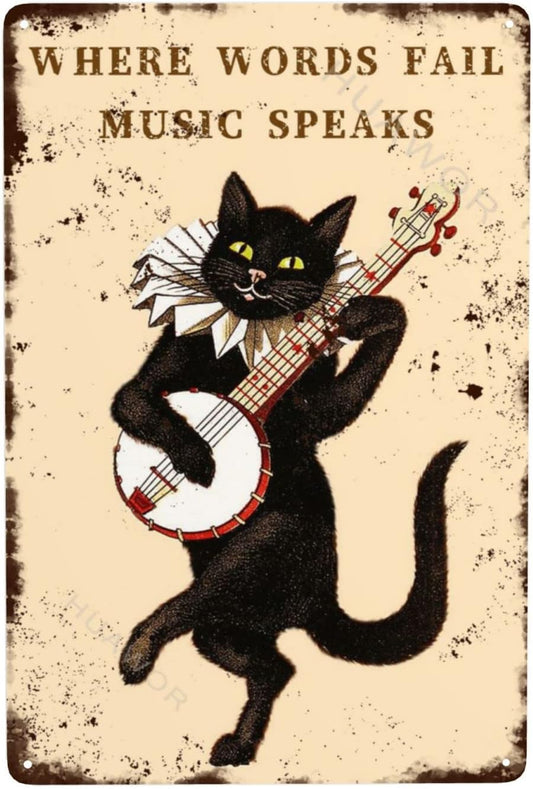 Contemporary Black Cat Tin Sign - "Where Words Fail, Music Speaks" - Vintage Jazz Wall Art for Music Room Decoration and Gifts