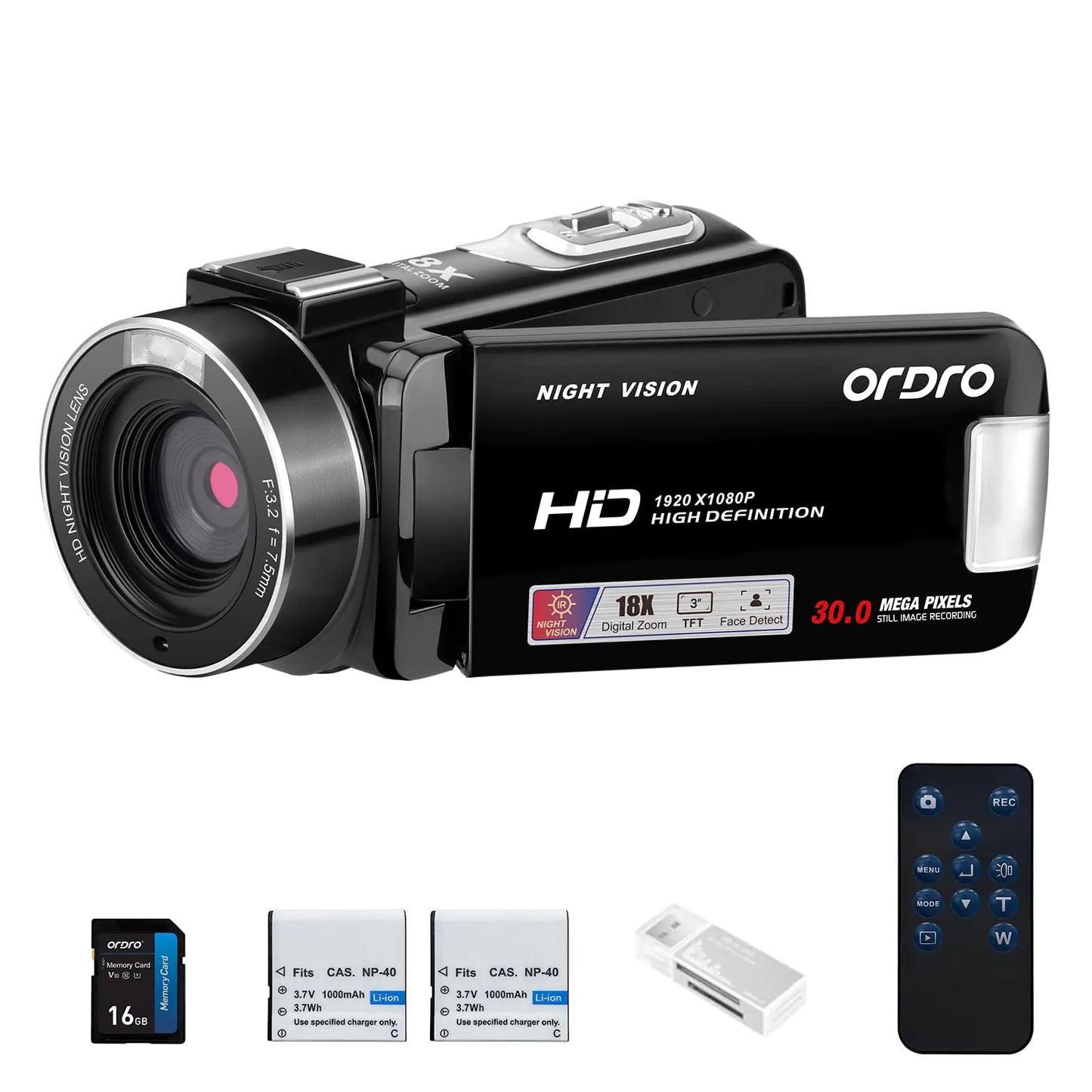 ORDRO B320 1080P 30FPS Video Camera Recorder Full HD 30MP 18X Digital Zoom Camcorder YouTube Vlogging Camera Infrared Night Vision 3.0 Inch Flip Screen 2 Batteries Remote Control (Black)