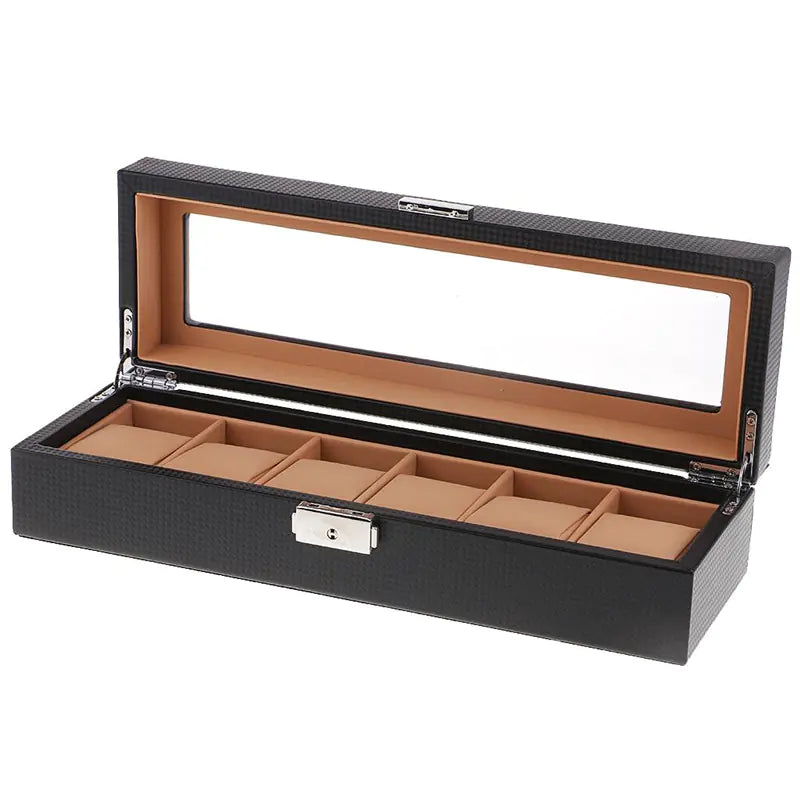 Carbon Fiber 6-Slot Watch Box in Black Leather
