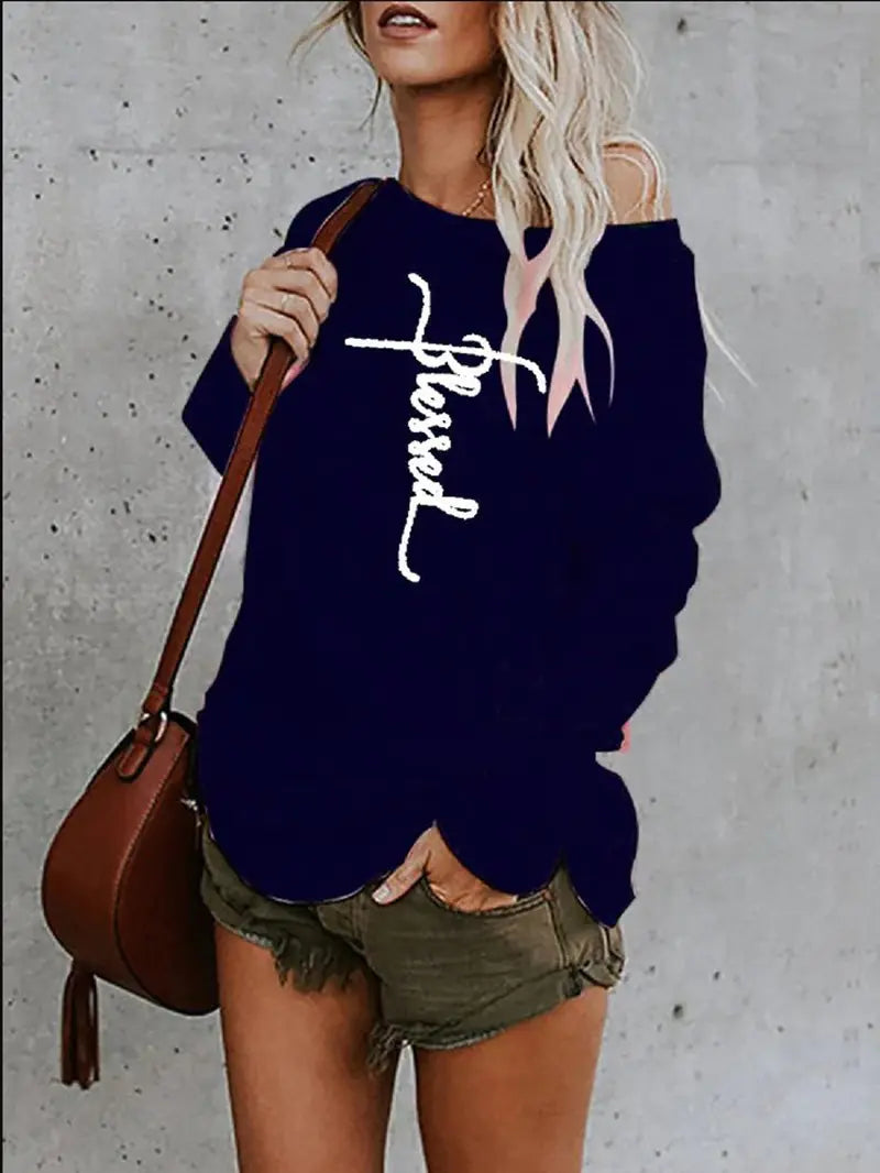 Printed Loose Off-the-Shoulder Round Neck T-shirt