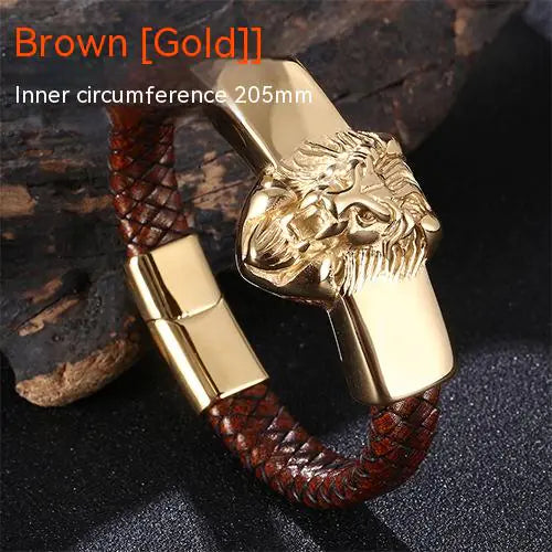 Titanium Steel Lion's Head Bracelet with Leather Rope
