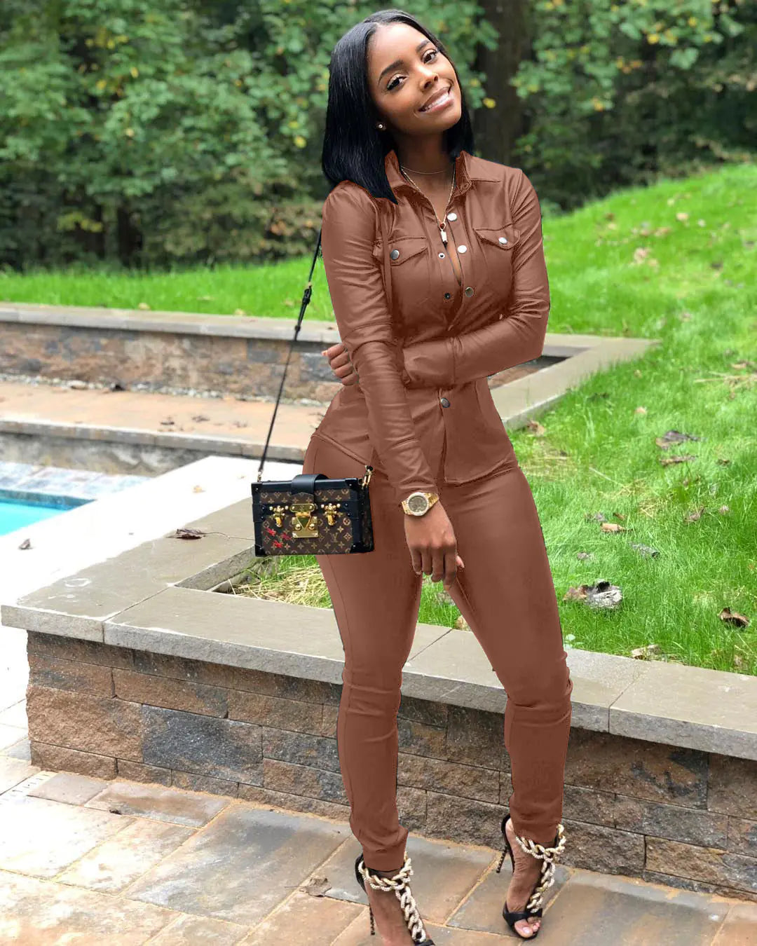 Women's Leather Cardigan Sports Set