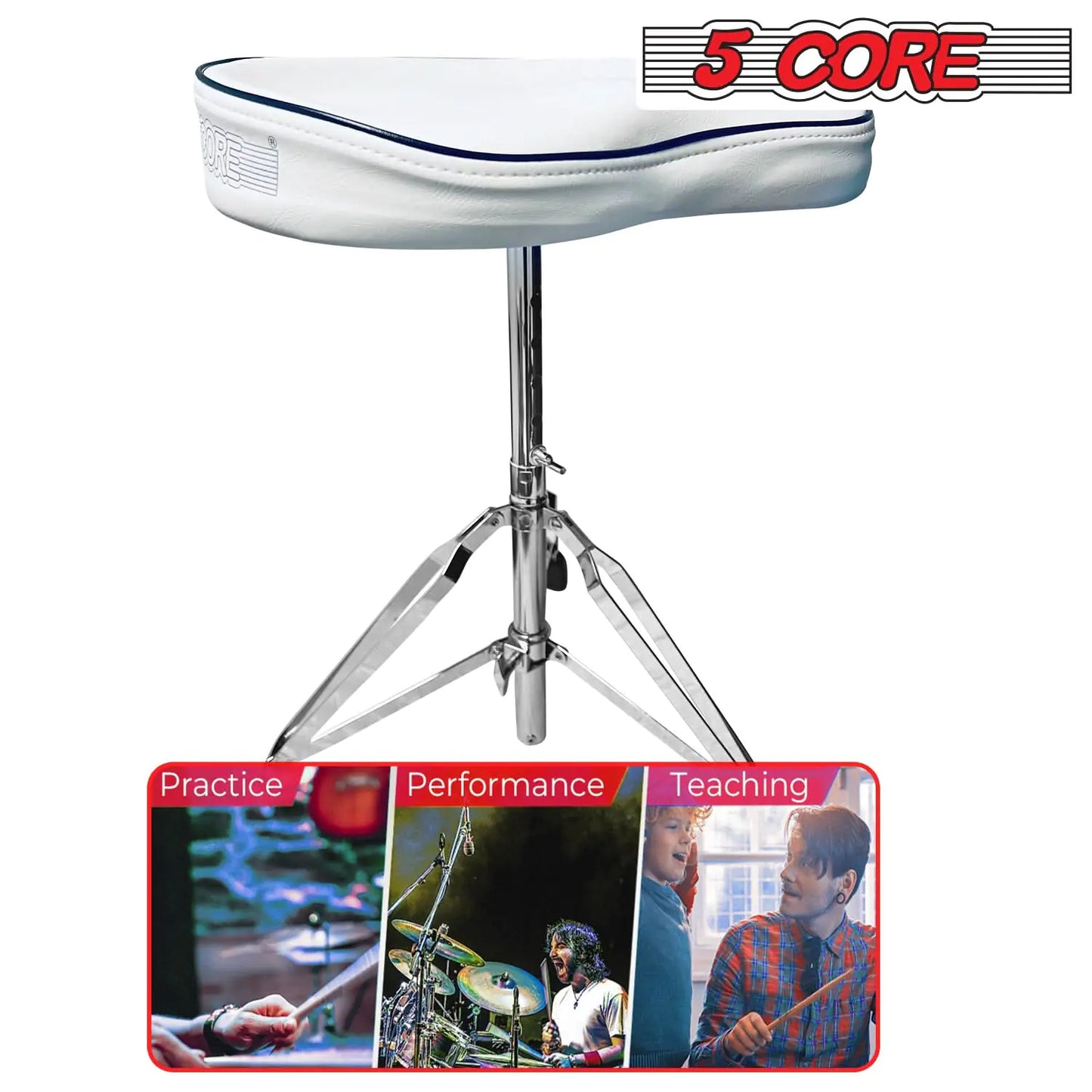 5 CORE Drum Throne Thick Padded Comfortable Guitar Stool with Memory Foam Adjustable Padded Keyboard Chair Metal Piano Stool Premium Musician Chair White DS CH WH SDL