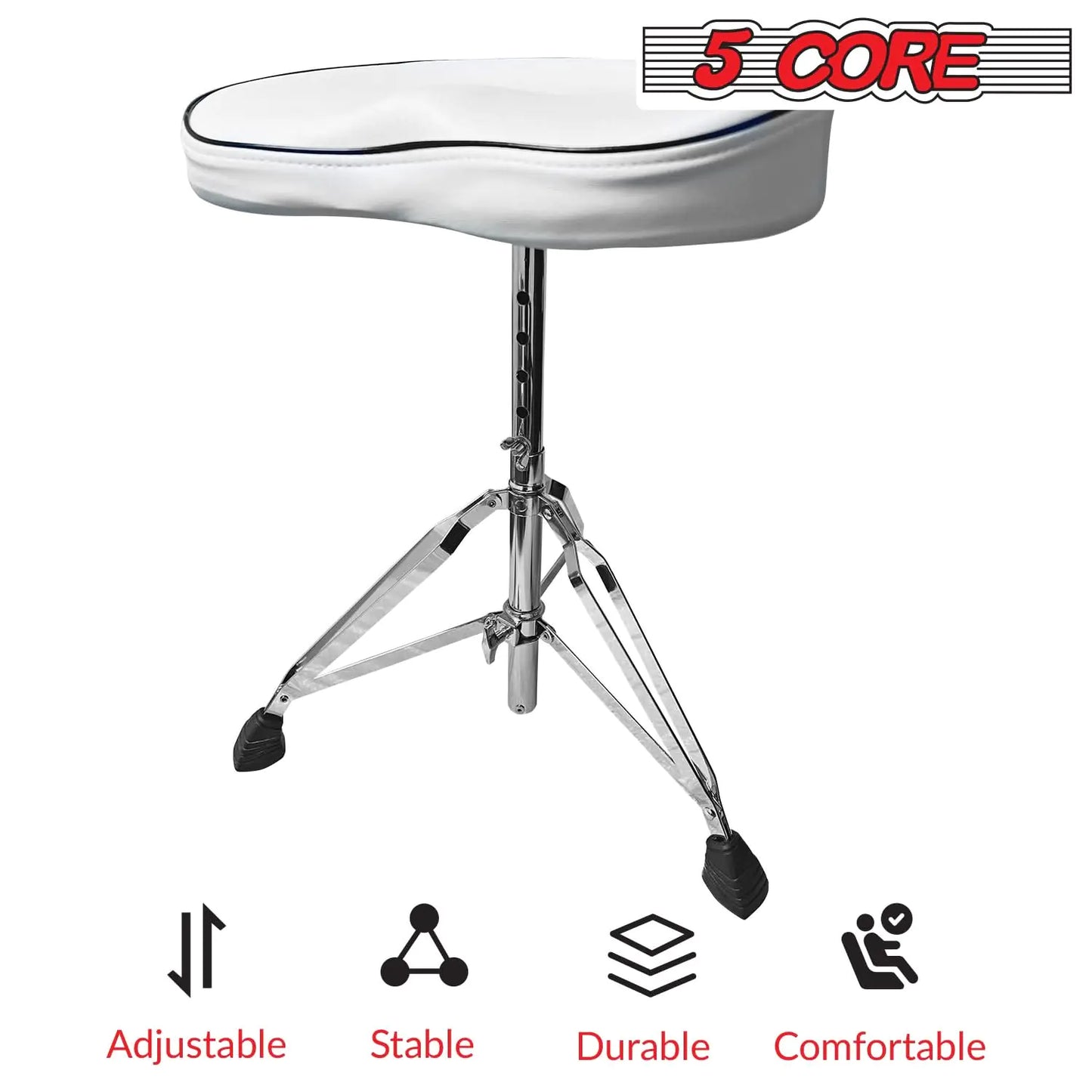 5 CORE Drum Throne Thick Padded Comfortable Guitar Stool with Memory Foam Adjustable Padded Keyboard Chair Metal Piano Stool Premium Musician Chair White DS CH WH SDL