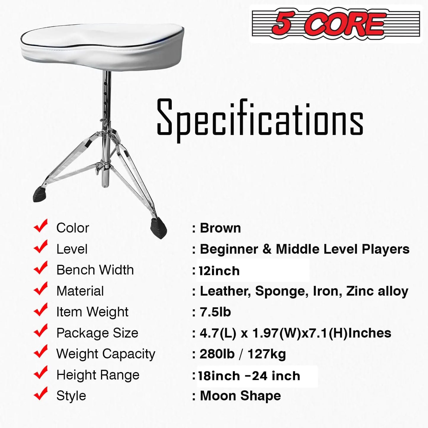 5 CORE Drum Throne Thick Padded Comfortable Guitar Stool with Memory Foam Adjustable Padded Keyboard Chair Metal Piano Stool Premium Musician Chair White DS CH WH SDL