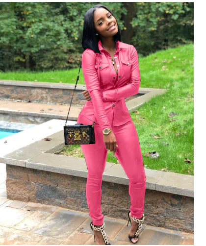 Women's Leather Cardigan Sports Set