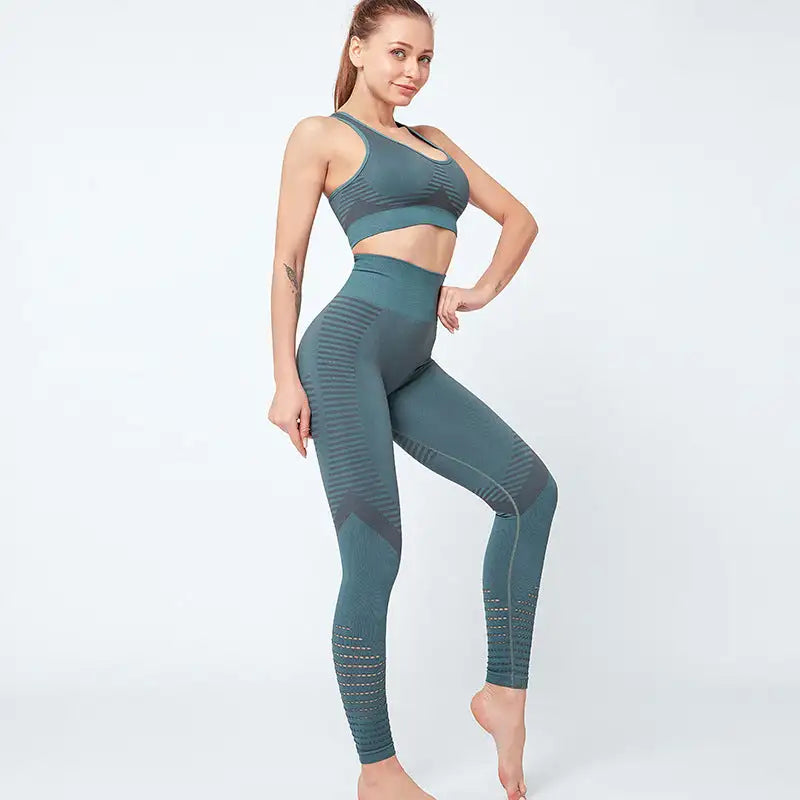Seamless yoga set, matching top and leggings, neutral tone, stretchy fabric, workout outfit - aqua  2