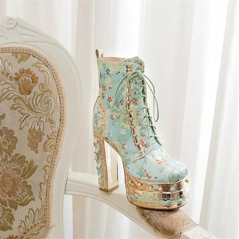 Fleur de Luxe - Platform Ankle Boots with Floral Pattern