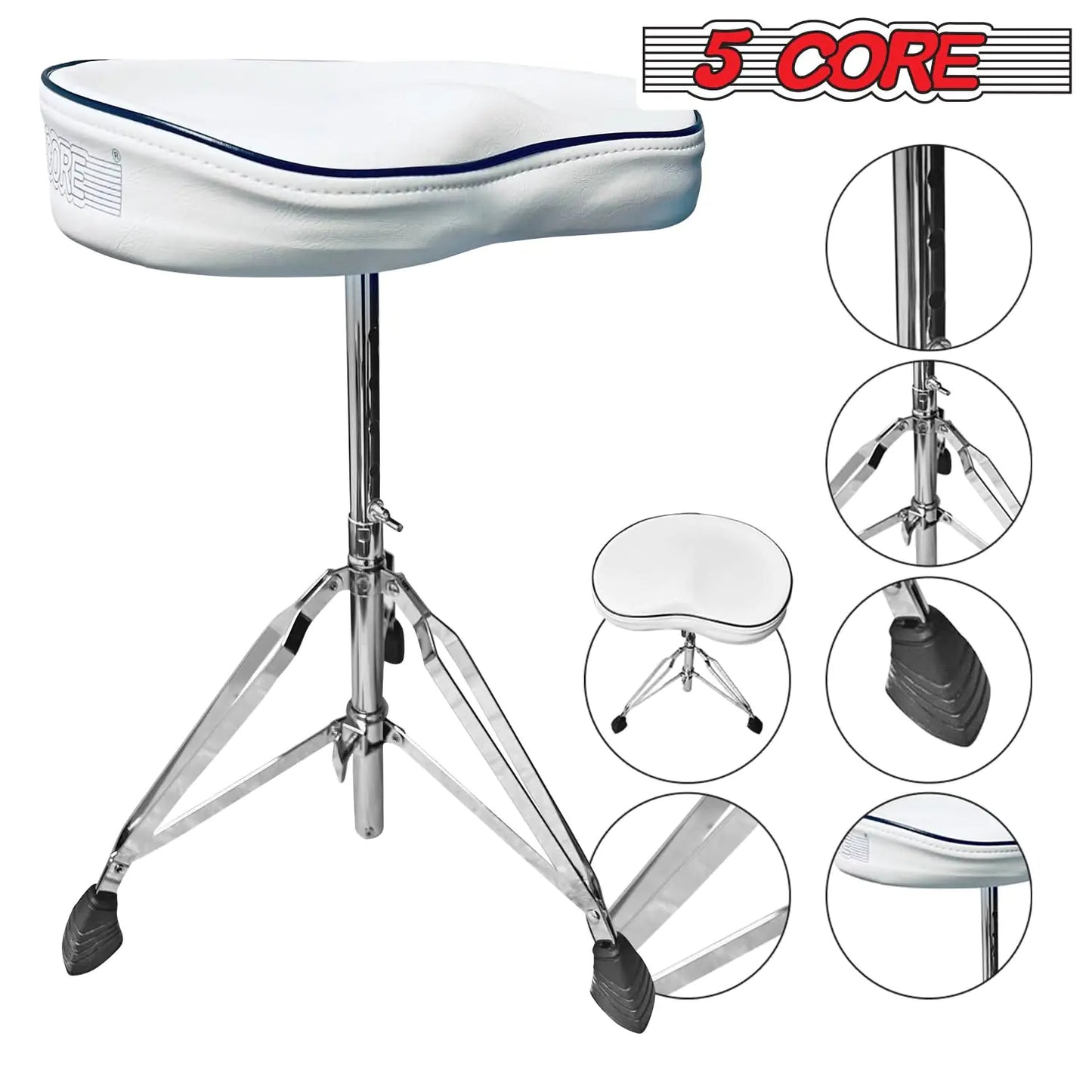 5 CORE Drum Throne Thick Padded Comfortable Guitar Stool with Memory Foam Adjustable Padded Keyboard Chair Metal Piano Stool Premium Musician Chair White DS CH WH SDL