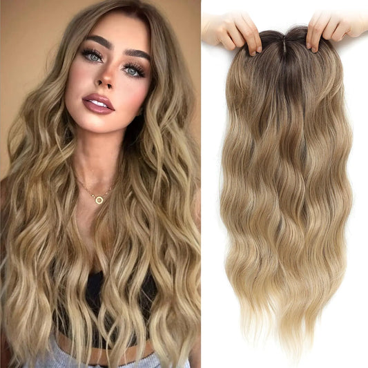 UDU Wavy Hair Topper Hair Toppers for Women 20inch Brown Toppers Hair Pieces for Women with Thinning Hair Ombre Highlight Synthetic Wig Clip In Hair Topper Wiglets with Fringe Bang Add Hair Volume