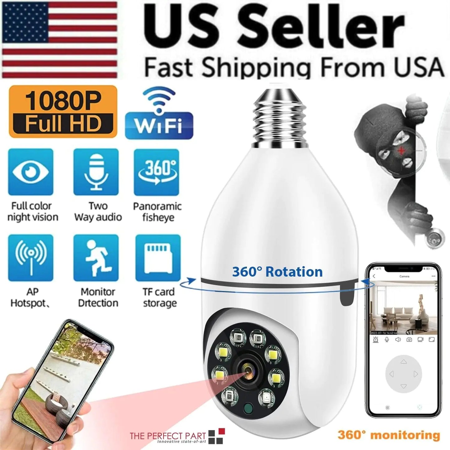 VisionSphere 360° 1080P IP E27 Light Bulb Camera Wi-Fi IR Night Smart Home Wireless Security