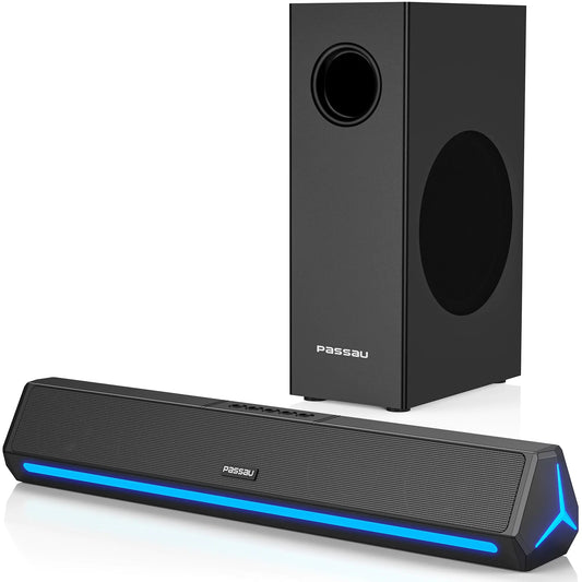 Passau TV Soundbar 2.1ch HiFi Stereo Small Sound Bar with Deep Bass Bluetooth/AUX/HDMI(ARC) Connection for TV Desktop Monitor PCPhones Tablets