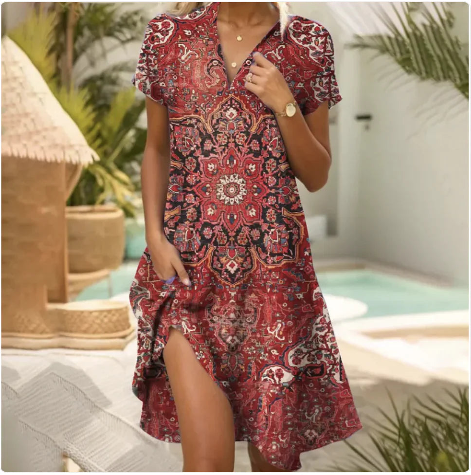 Bohemian Print Short-Sleeve Dress